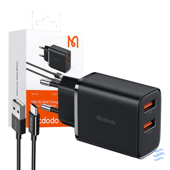 Mcdodo CH 5072 USB A*2 12W power charger + USB A to USB C cable (black) mains chargers