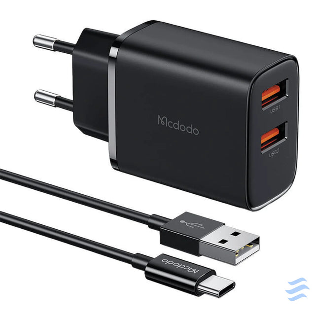 Mcdodo CH 5072 USB A*2 12W power charger + USB A to USB C cable (black) mains chargers