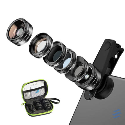Mobile lens kit APEXEL APL DG6V2 6 in 1 universal (black) Phone lenses