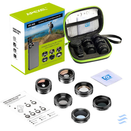 Mobile lens kit APEXEL APL DG6V2 6 in 1 universal (black) Phone lenses