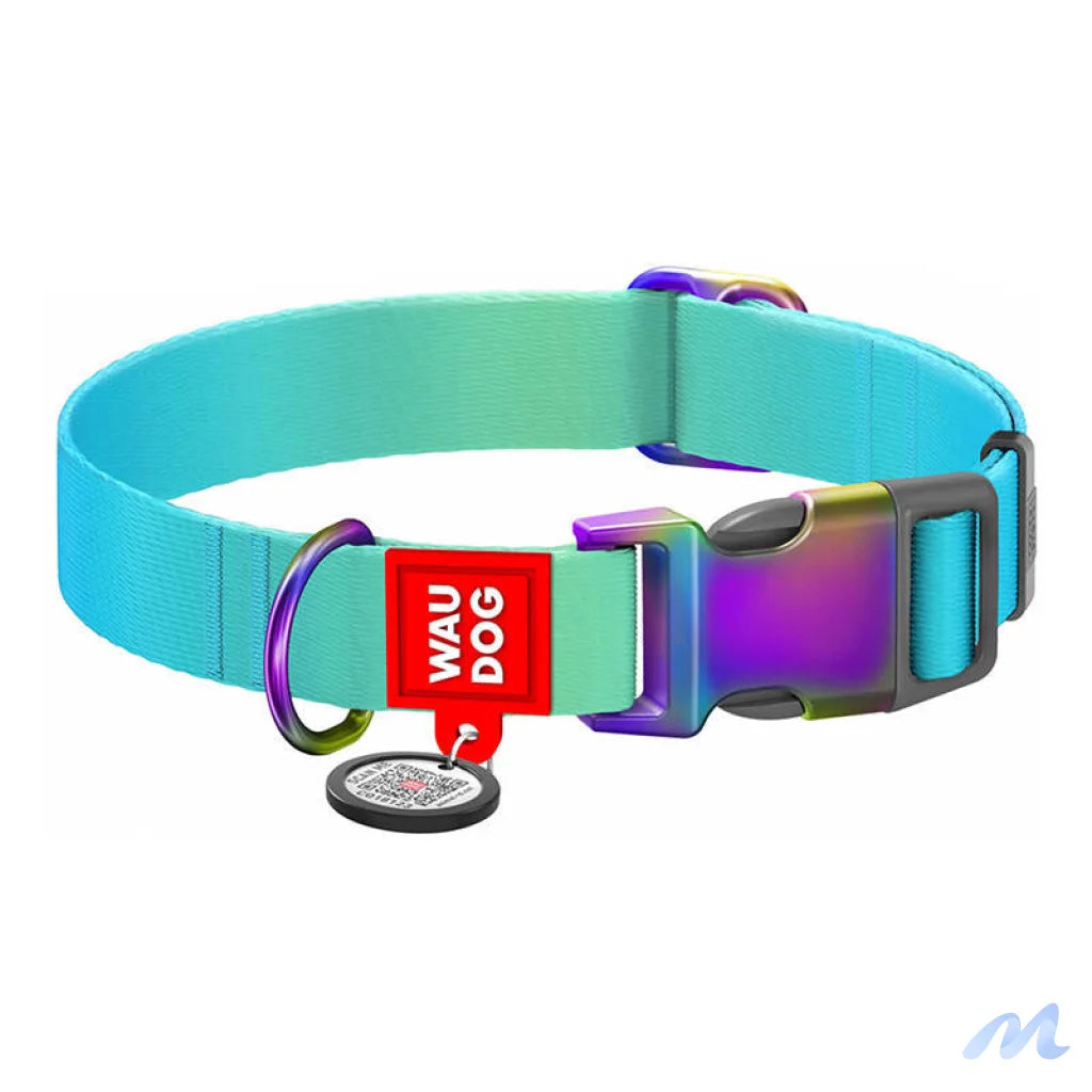 Nylon dog collar with QR code WAUDOG 15 mm wide, 25-35 cm long blue