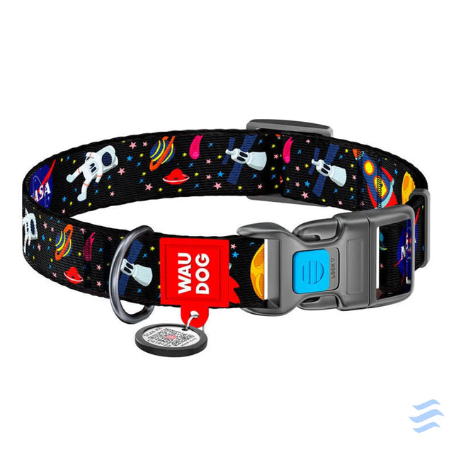 Nylon dog collar with QR code Waudog ’NASA’ size M Walking and transportation