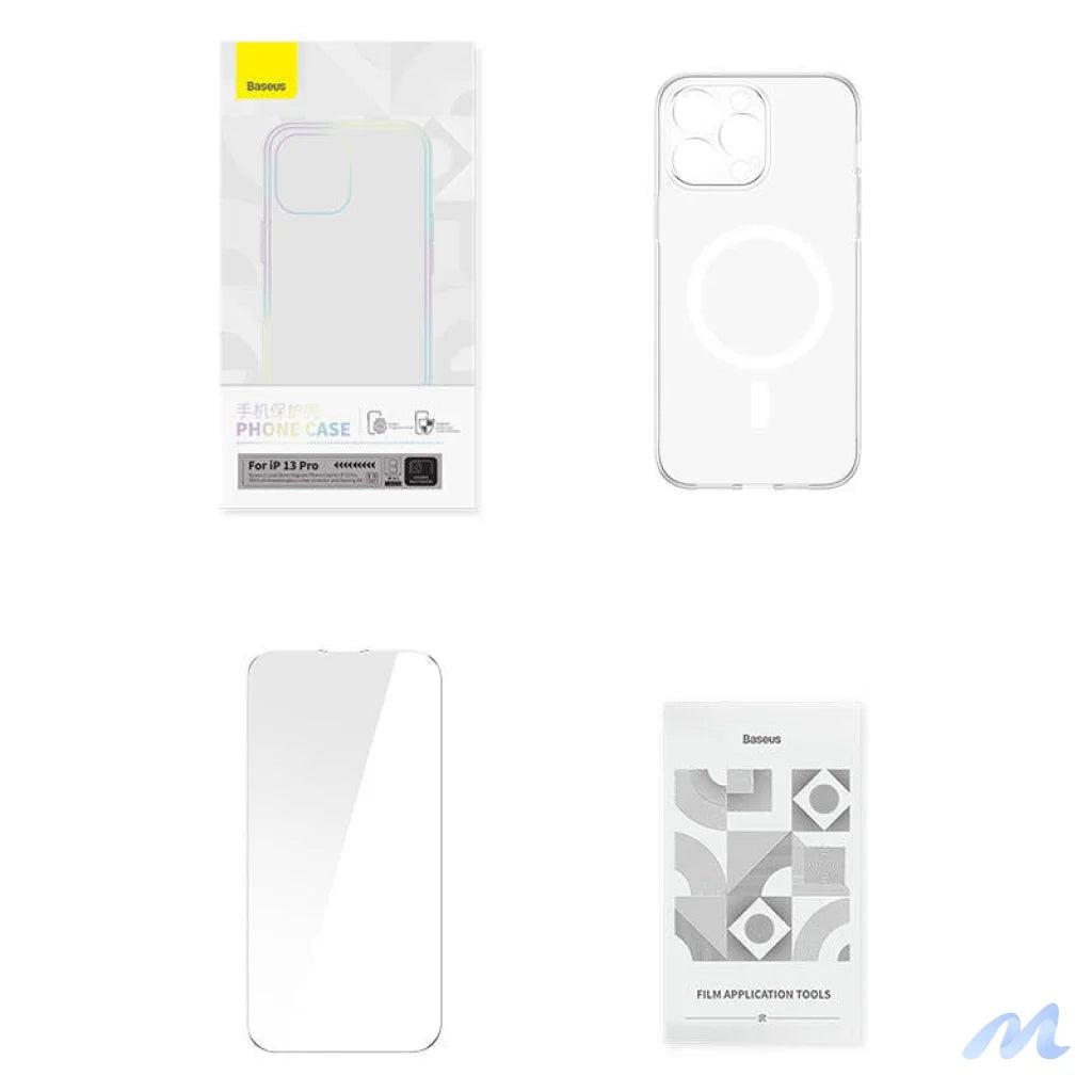 Phone case Baseus Magnetic Crystal Clear for iPhone 13 Pro (transparent) with all-tempered-glass screen protector and cleaning kit