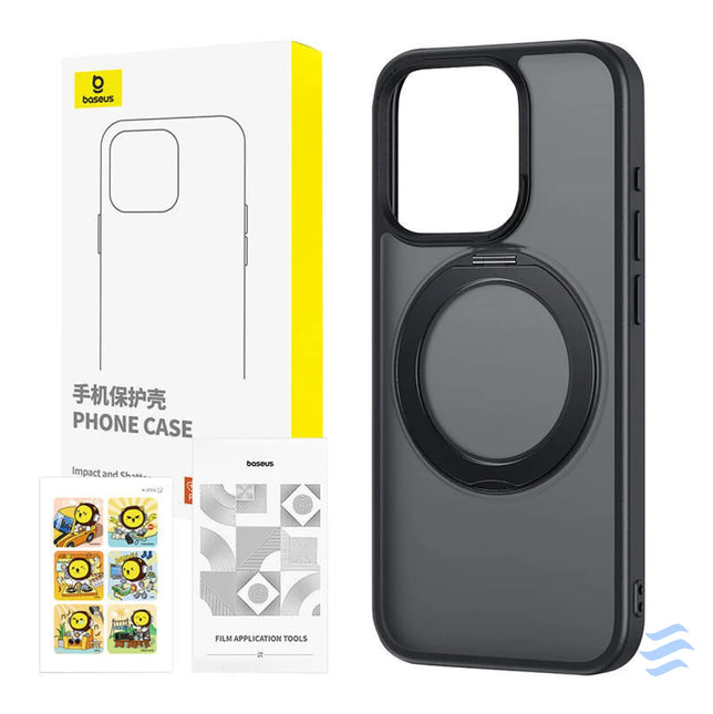 Phone Case with Stand Baseus SkyRing 360° for iP 15 + tempered glass and cleaning kit (black) Protective cases for