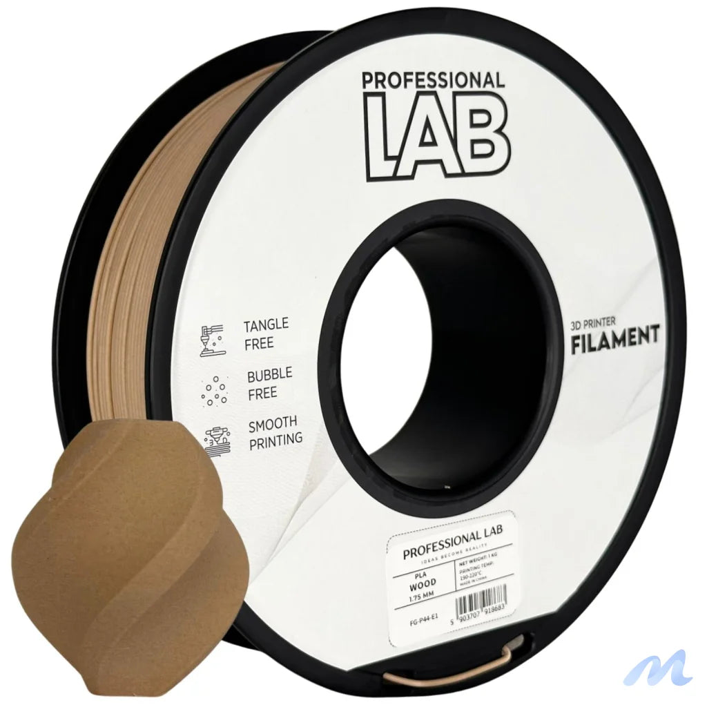 PLA Wood is a composite filament made from PLA mixed with fine wood fibers, offering a wood-like appearance, smell, and texture. Great for artistic, decorative, or prototype models. A larger nozzle (>=0.5 mm) is recommended to avoid clogging.