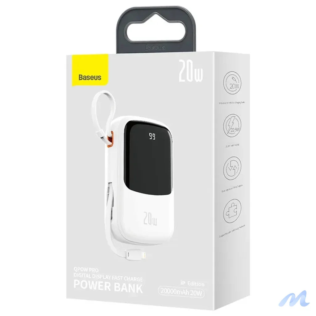 Powerbank Baseus Qpow PRO with Lightning cable, USB-C port and USB 20000mAh, 20W  (White)