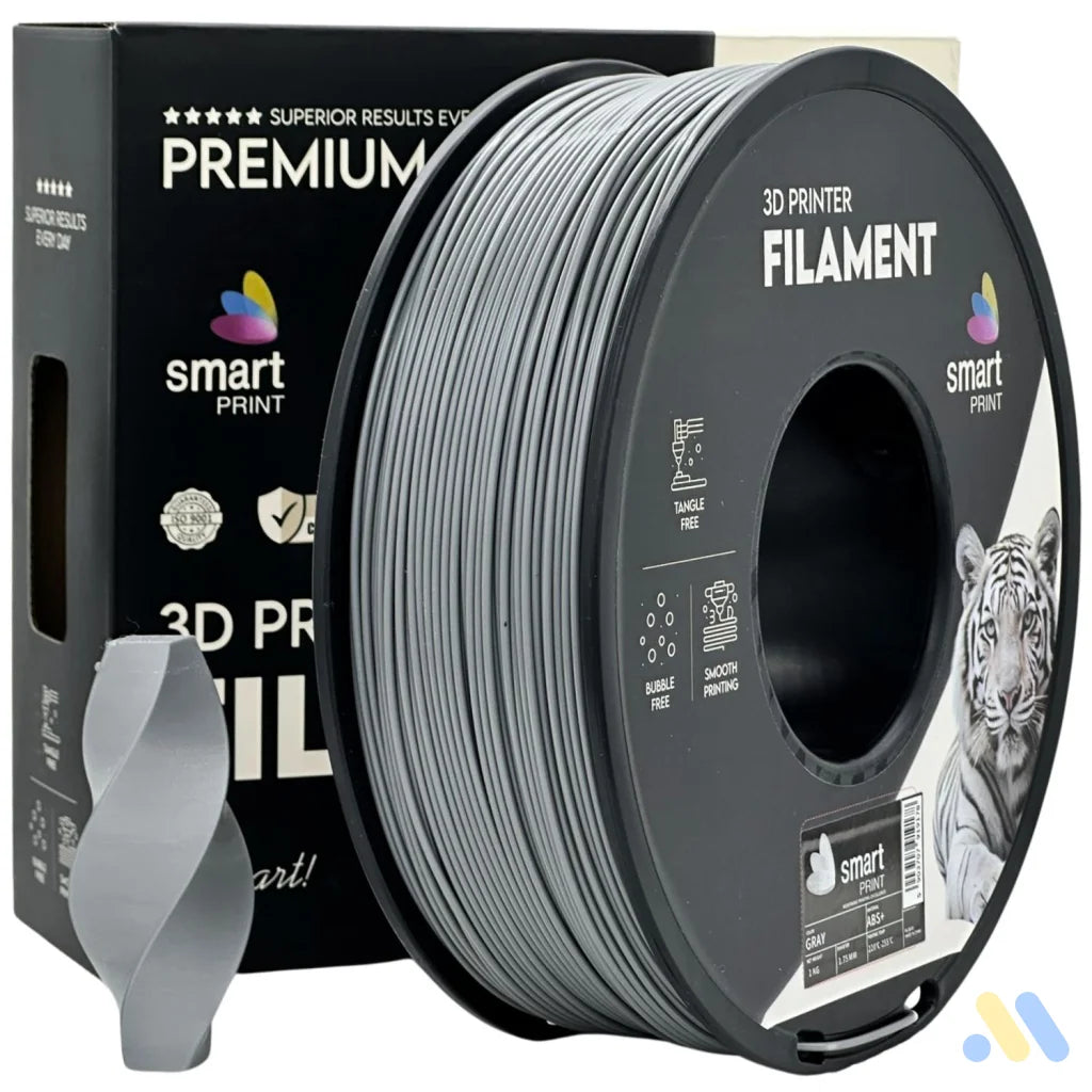 Smart Print ABS is a durable filament for functional parts. It contains special inhibitors to enhance strength and color. Requires a heated bed, enclosure, and good ventilation to reduce warping.