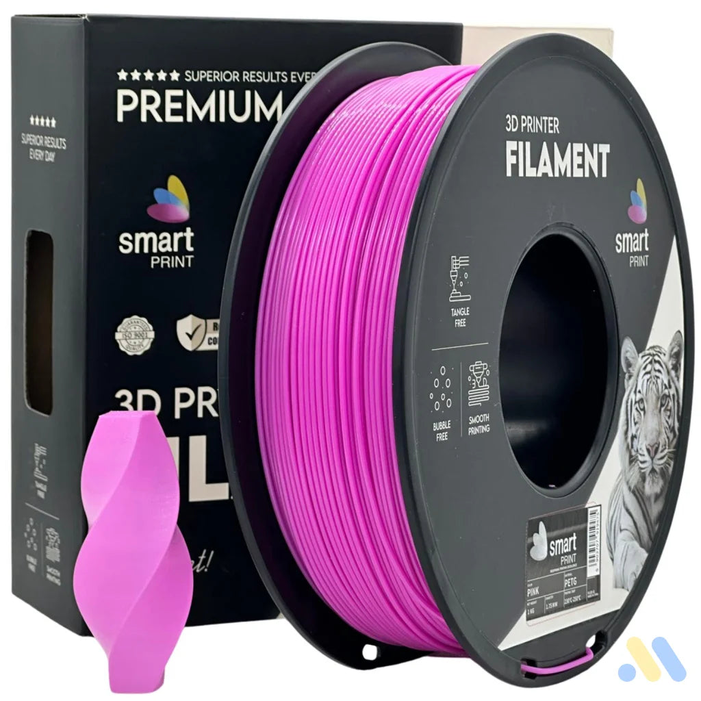 Smart Print PETG blends ABS strength with PLA ease. Slightly flexible and highly durable, it resists moisture and chemicals. Special inhibitors enhance strength and color. Ideal for outdoor and functional prints.