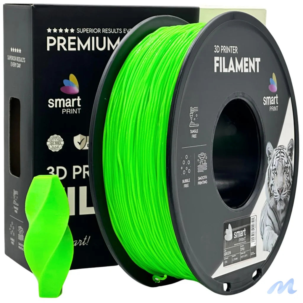 Smart Print TPU is flexible and wear-resistant, ideal for seals, gaskets, cases, and mounts. Special inhibitors improve strength and color. Print slowly with proper filament path for best results.
