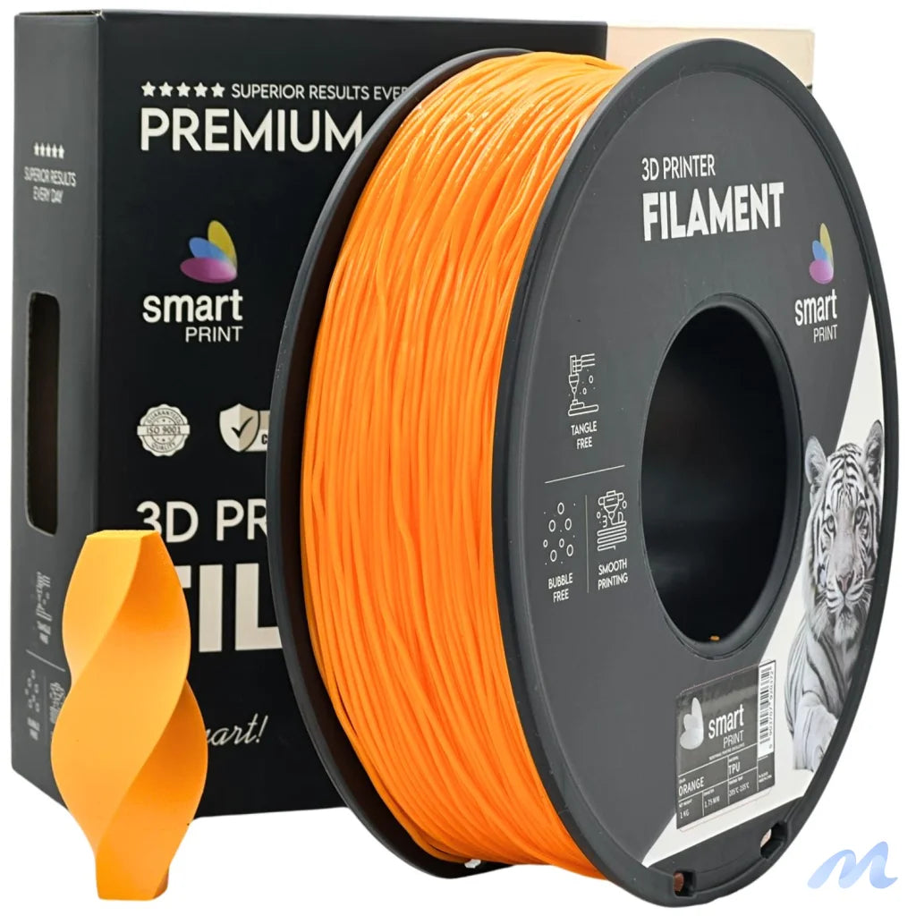 Smart Print TPU is flexible and wear-resistant, ideal for seals, gaskets, cases, and mounts. Special inhibitors improve strength and color. Print slowly with proper filament path for best results.
