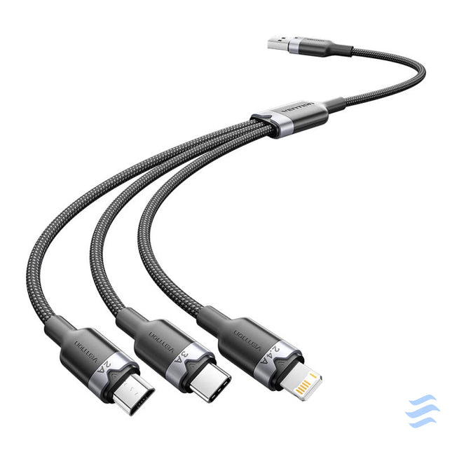 USB 2.0 A male to 3 in 1 USB C Lightning and Micro B male cable Vention 3A CTPBG 1.5m Combo Cables