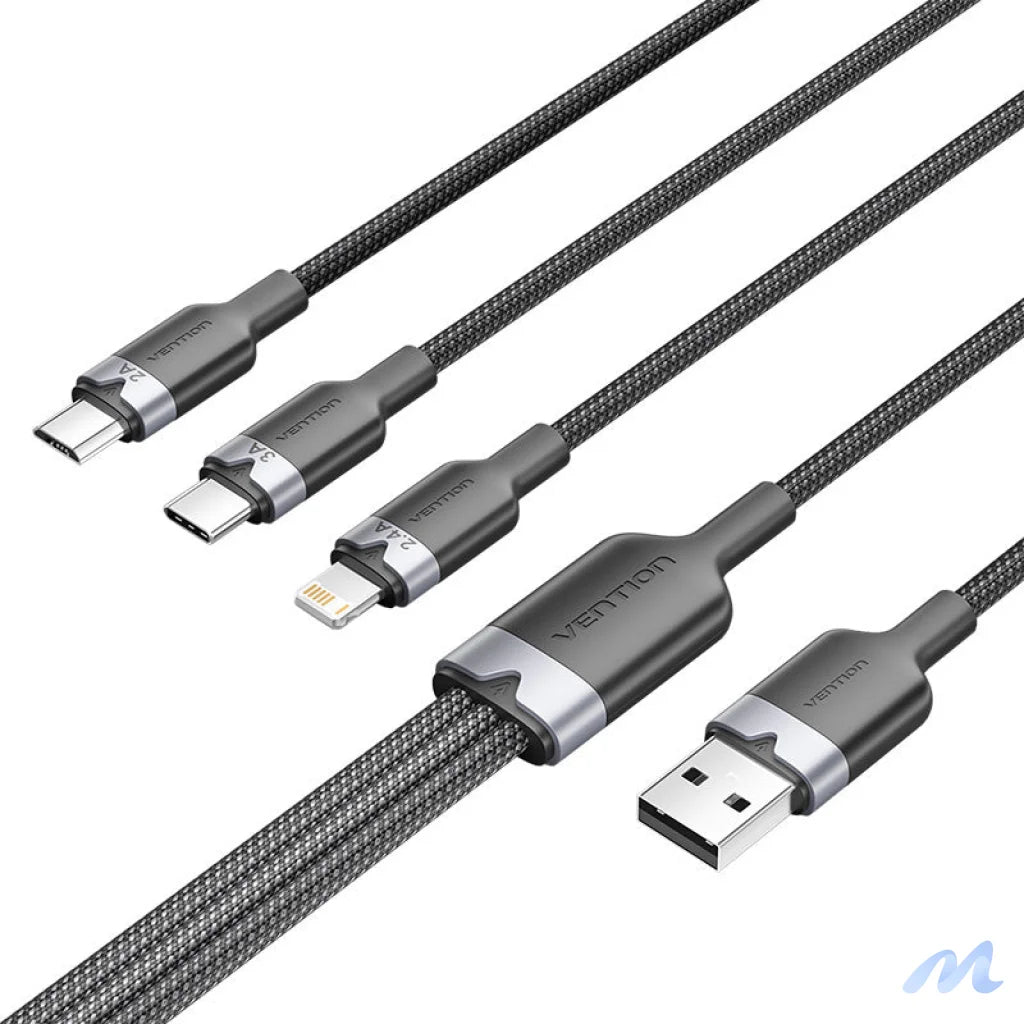 USB 2.0 A male to 3-in-1 USB-C, Lightning and Micro-B male cable Vention 3A CTPBG 1.5m