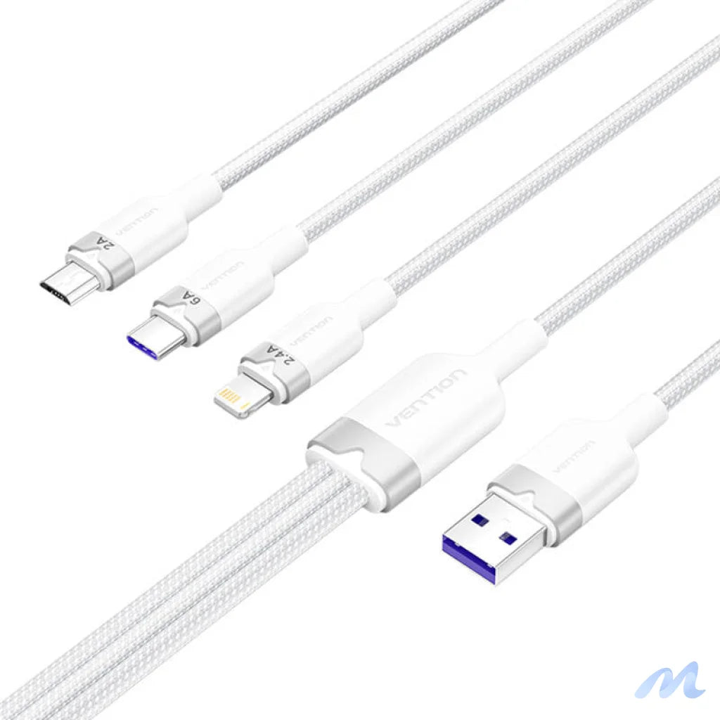USB 2.0 A to 3-in-1 6A cable Vention CTRWG 1.5M (white)