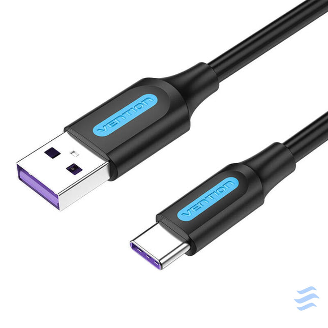 USB 2.0 A to USB C Cable Vention CORBI 5A 3m Black PVC USB to USB C
