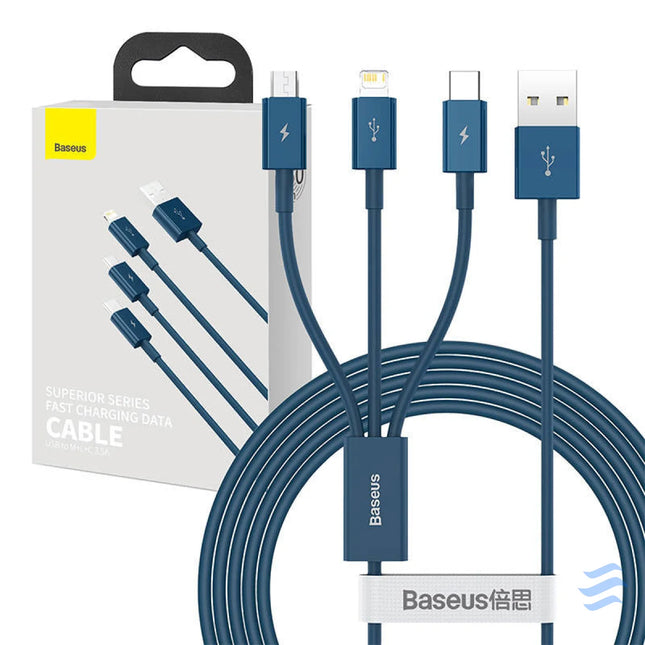 USB cable 3in1 Baseus Superior Series USB to micro USB / USB C / Lightning 3.5A 1.5m (blue) Combo Cables