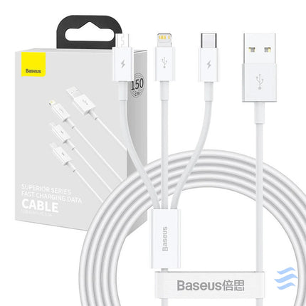 USB cable 3in1 Baseus Superior Series USB to micro USB / USB C / Lightning 3.5A 1.5m (white) Combo Cables