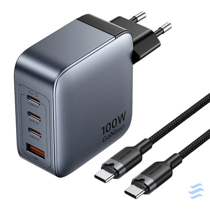 Vention power charger 3x USB C 1x USB A (100W/100W/30W/30W) (grey) with USB C to USB C cable (1m) (black) mains chargers