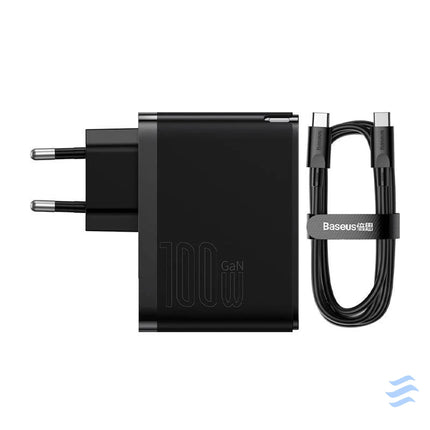 Wall charger Baseus GaN USB C + USB 100W + 1m cable (black) mains chargers