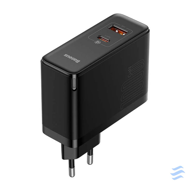 Wall charger Baseus GaN USB C + USB 100W + 1m cable (black) mains chargers
