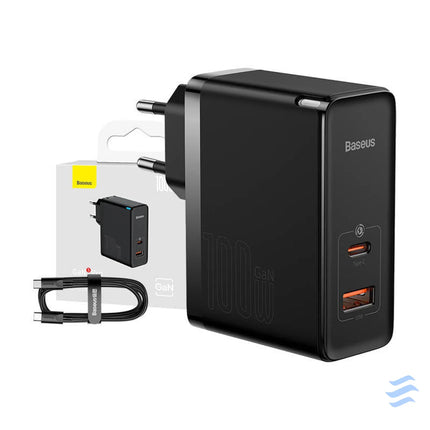 Wall charger Baseus GaN USB C + USB 100W + 1m cable (black) mains chargers