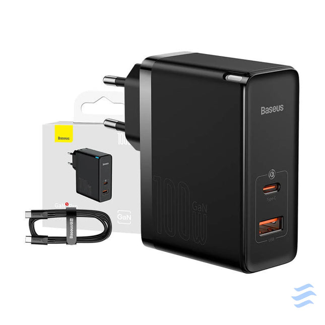 Wall charger Baseus GaN USB C + USB 100W + 1m cable (black) mains chargers