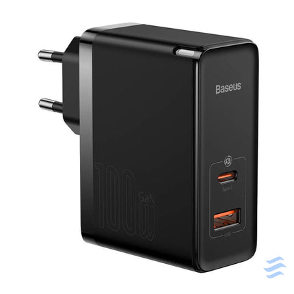 Wall charger Baseus GaN USB C + USB 100W + 1m cable (black) mains chargers