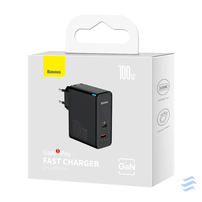 Wall charger Baseus GaN USB C + USB 100W + 1m cable (black) mains chargers