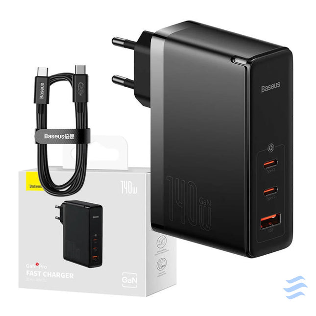 Wall charger Baseus GaN5 Pro 2xUSB C + USB 140W (black) mains chargers