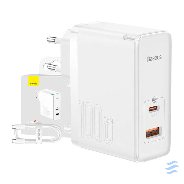 Wall charger Baseus GaN5 Pro USB C + USB 100W + 1m cable (white) mains chargers