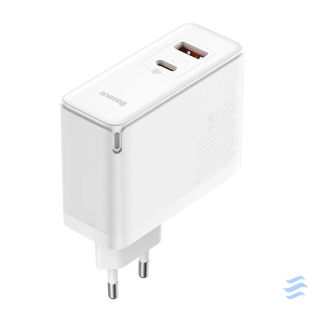 Wall charger Baseus GaN5 Pro USB C + USB 100W + 1m cable (white) mains chargers