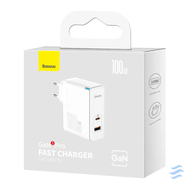Wall charger Baseus GaN5 Pro USB C + USB 100W + 1m cable (white) mains chargers