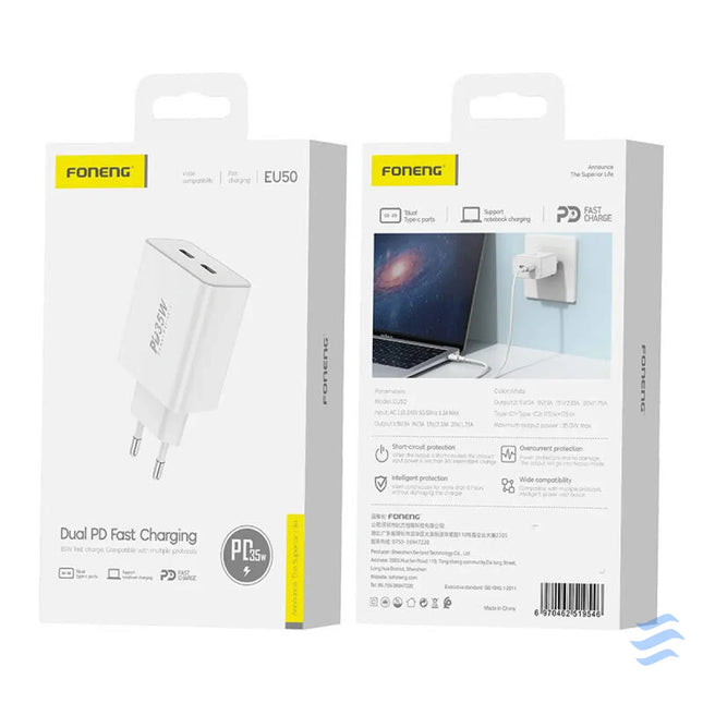 Wall charger Foneng EU50 PD 35W 2x USB C ports (white) mains chargers