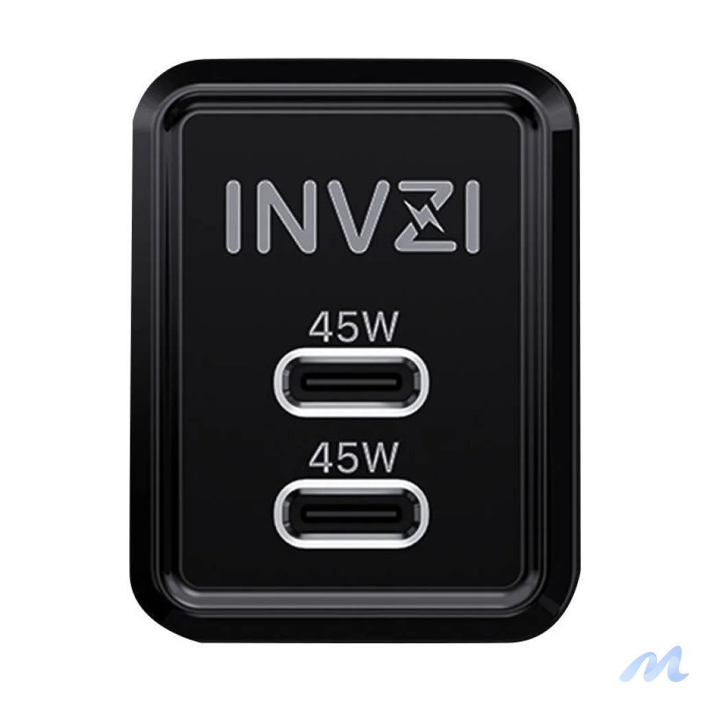 Wall charger INVZI GaN 2x USB-C, 45W, EU (black)