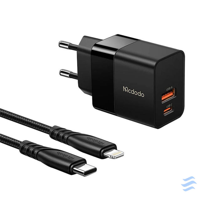 Wall charger Mcdodo CH 1952 USB + USB C 20W + USB C to Lightning cable (black) mains chargers