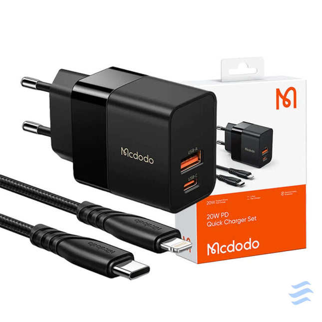 Wall charger Mcdodo CH 1952 USB + USB C 20W + USB C to Lightning cable (black) mains chargers